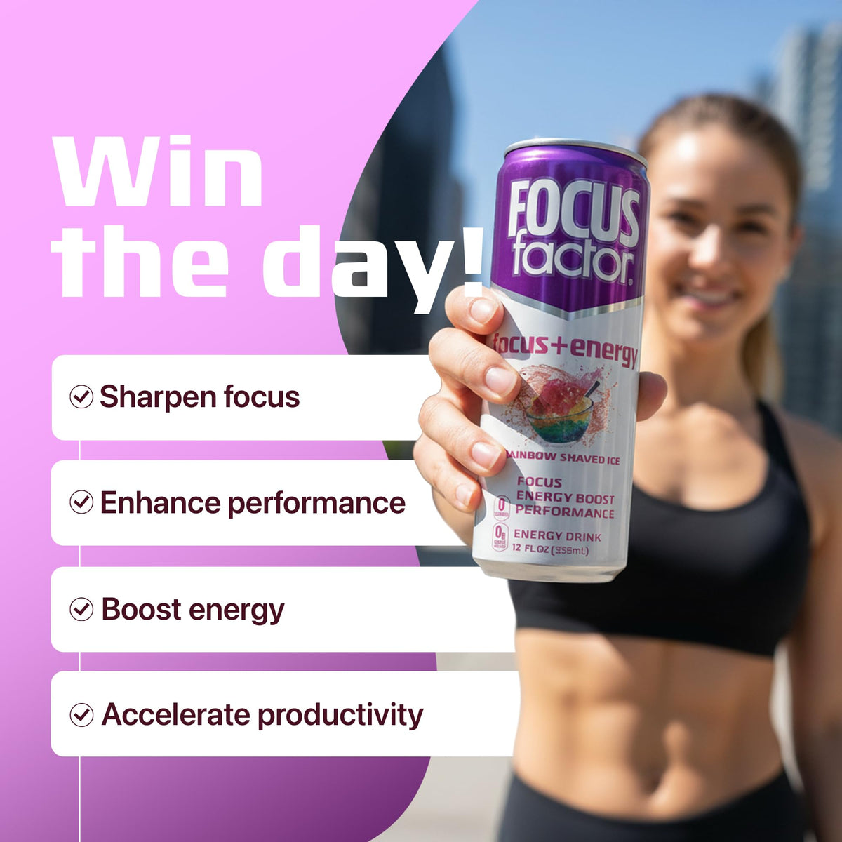 Focus Factor Energy pouring can for a cold, carbonated pick-me-up on the go