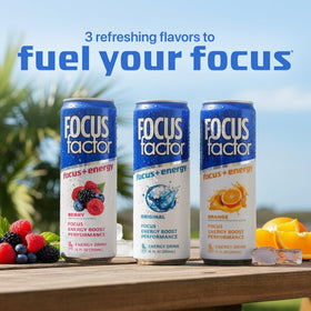 Focus Factor orange can on a desk for on-the-go focus