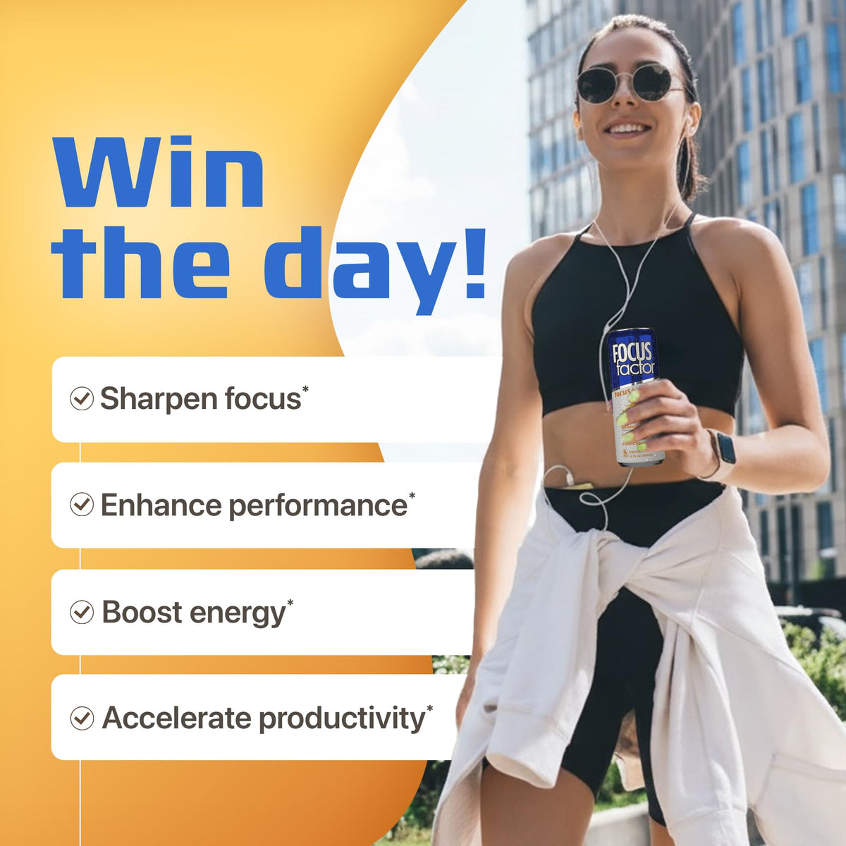 Pouring Focus Factor orange energy drink into a glass