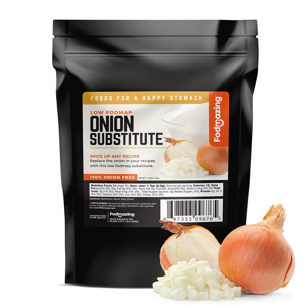 Fodmazing Onion Replacer bottle pour shows a flavorful, low FODMAP seasoning in action.