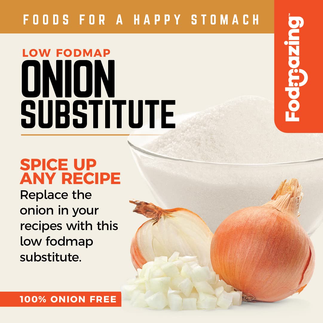 Fodmazing Onion Replacer gluten-free label highlights non-GMO and onion-free formulation.