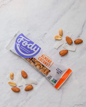 Fody almond coconut snack bar foil packaging close-up