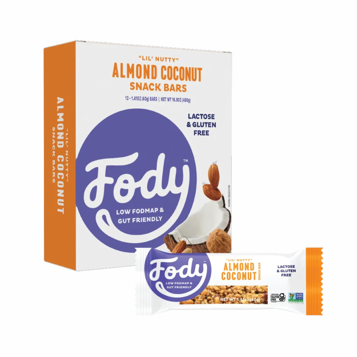 Fody almond coconut snack bar pack 12 on shelf for IBS-friendly snack on the go
