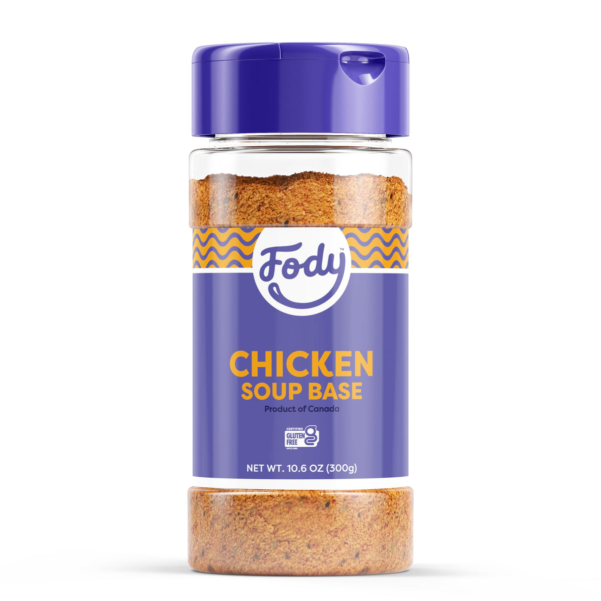 Fody Chicken Soup Base jar label closeup shows gluten-free, low FODMAP ingredients for IBS-friendly cooking.