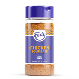 Fody Chicken Soup Base jar label closeup shows gluten-free, low FODMAP ingredients for IBS-friendly cooking.