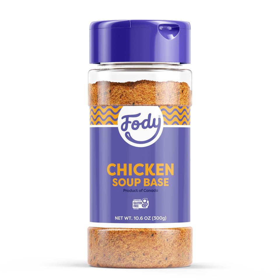 Fody Chicken Soup Base jar label closeup shows gluten-free, low FODMAP ingredients for IBS-friendly cooking.