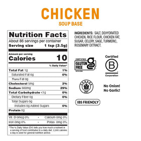 Fody Chicken Soup Base jar pouring into pot illustrates ready-to-use flavor base for easy meals.