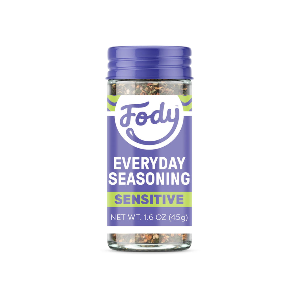 Fody Everyday Seasoning on a kitchen counter adds onion- and garlic-free flavor to meals.