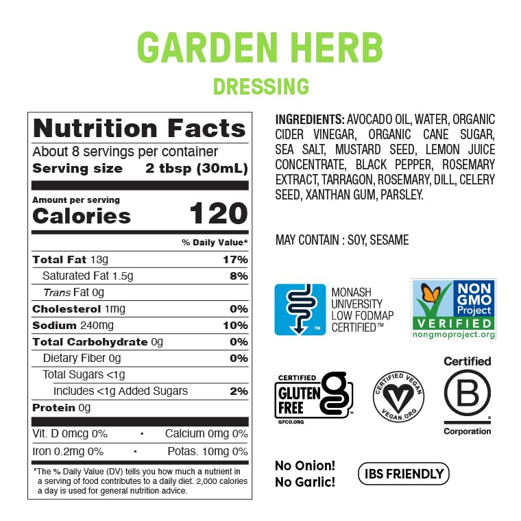 Close-up of avocado oil and herbs in Fody Garden Herb Dressing for light, flavorful greens.