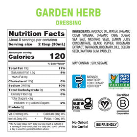 Close-up of avocado oil and herbs in Fody Garden Herb Dressing for light, flavorful greens.