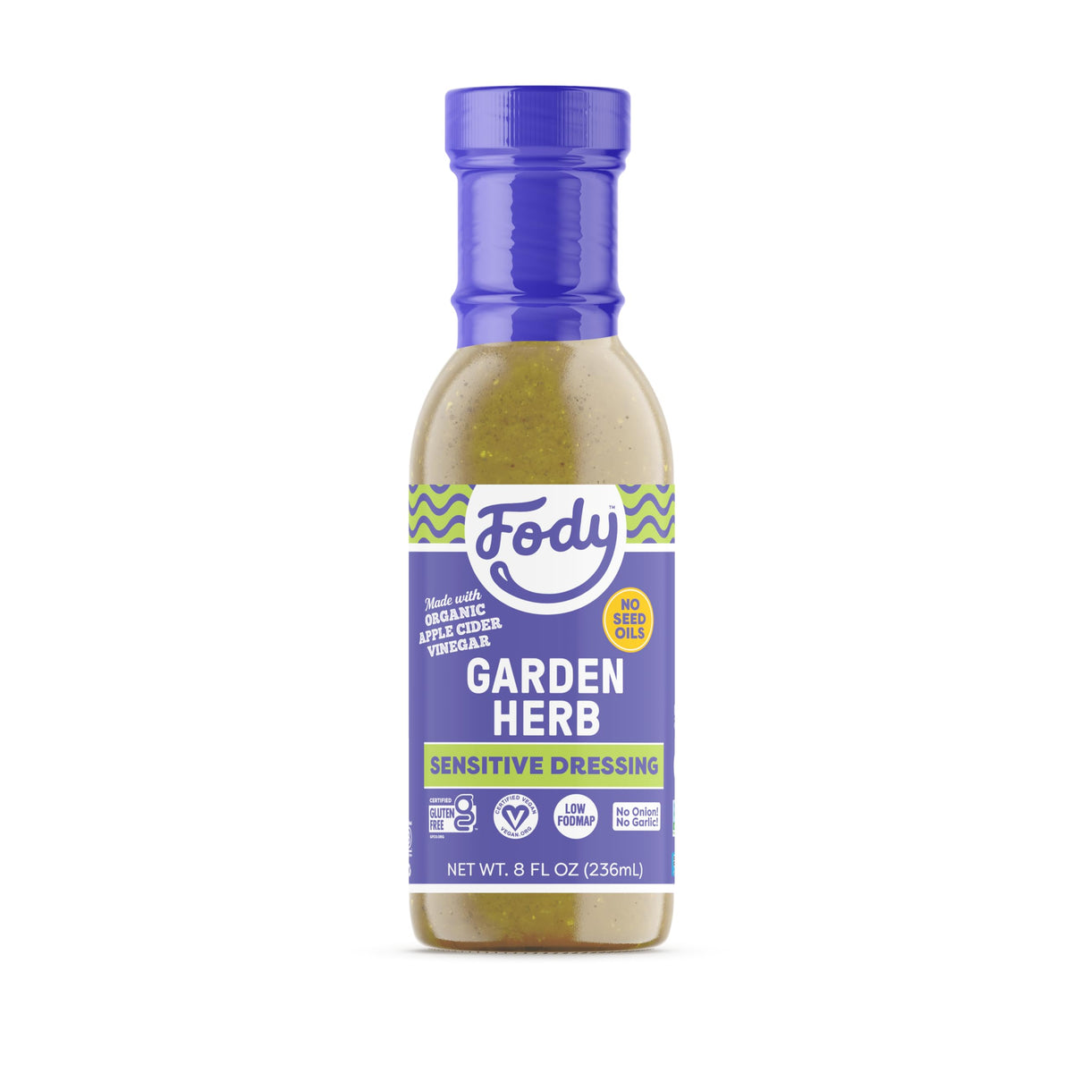 Fody Garden Herb Dressing bottle ready to drizzle on fresh greens, gut-friendly.