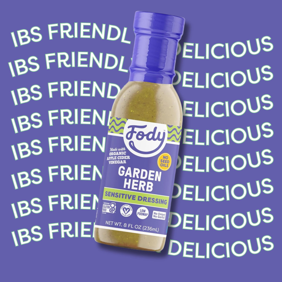 Label close-up showing gluten-free and vegan certifications on Fody Dressing.