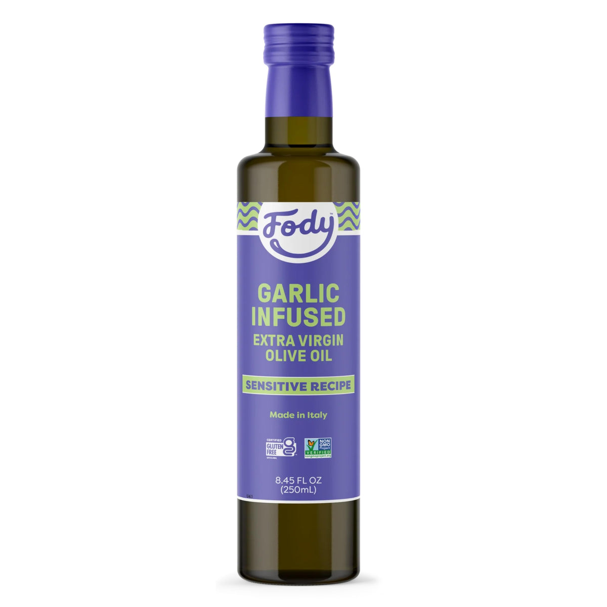 Fody Garlic Infused Olive Oil bottle front with Italian flavor for cooking