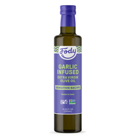 Fody Garlic Infused Olive Oil bottle front with Italian flavor for cooking