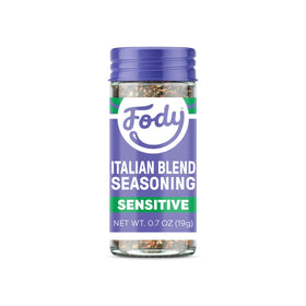 Fody Italian Blend Seasoning jar close-up showing onion- and garlic-free formula