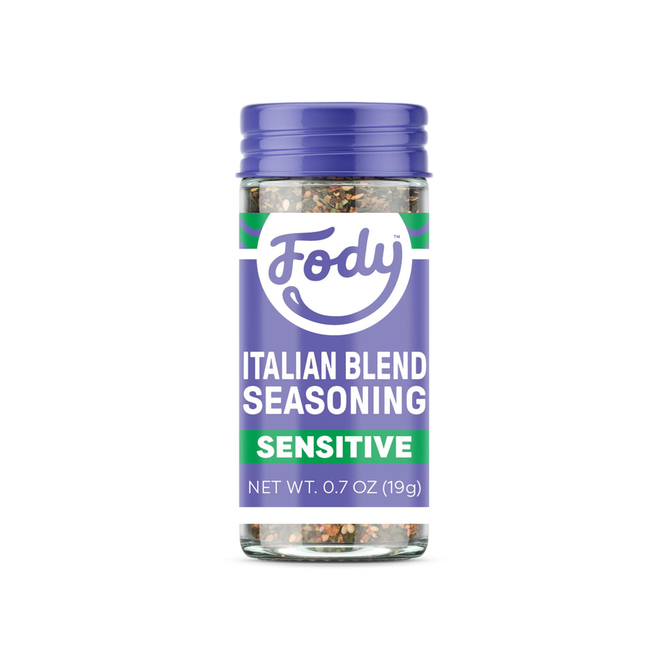 Fody Italian Blend Seasoning jar close-up showing onion- and garlic-free formula