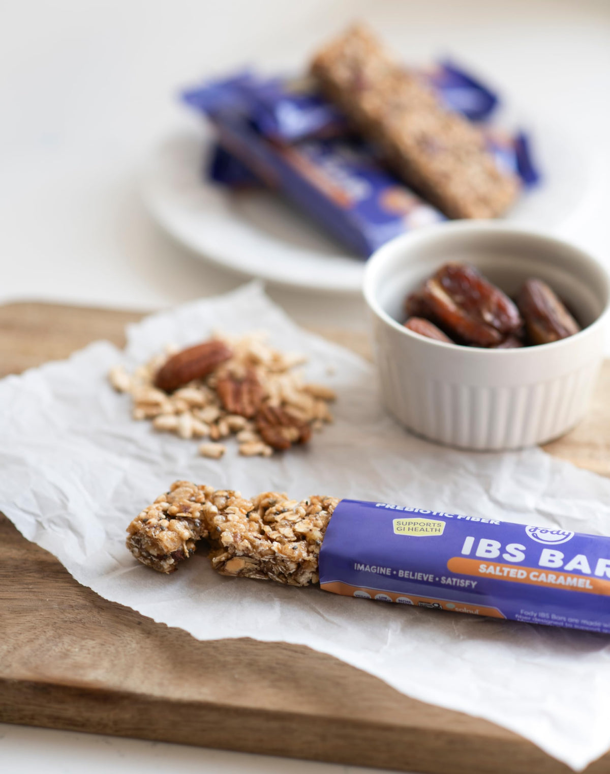 Fody kosher IBS-friendly bars displayed with ingredient icons