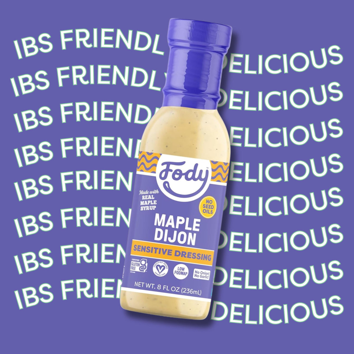Fody Maple Dijon label showing gluten-free, vegan, non-GMO credentials
