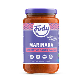Fody Marinara jar closeup, garlic- and onion-free for IBS-friendly meals.