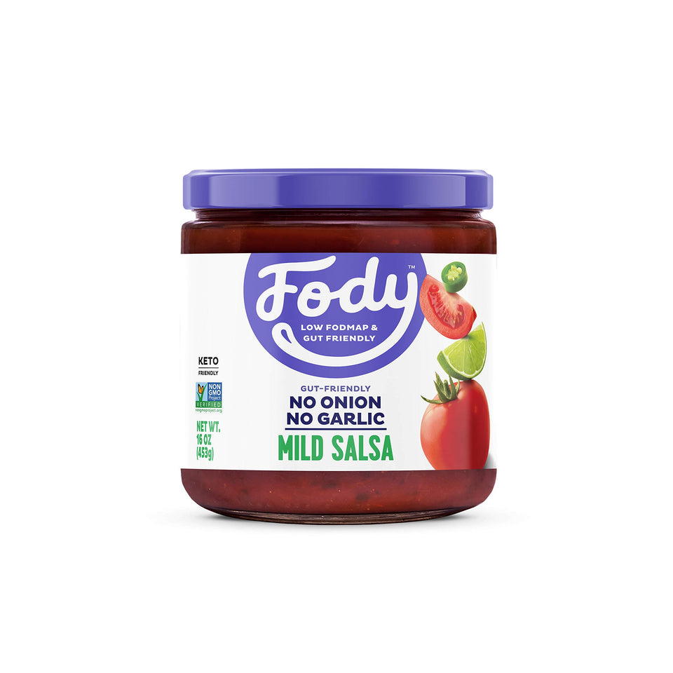 Fody Mild Salsa 3-pack front label, gluten-free and low FODMAP.