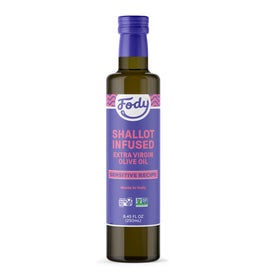 Fody Shallot Infused Olive Oil bottle showcasing bold flavor for IBS-friendly meals.