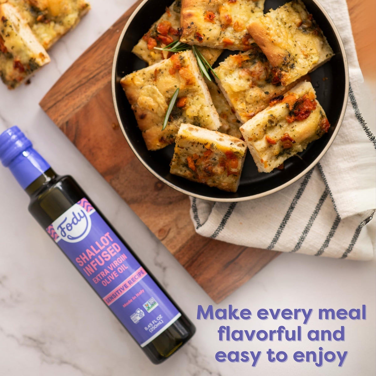 Fody Shallot Infused Olive Oil salad topping illustrates Low FODMAP option.