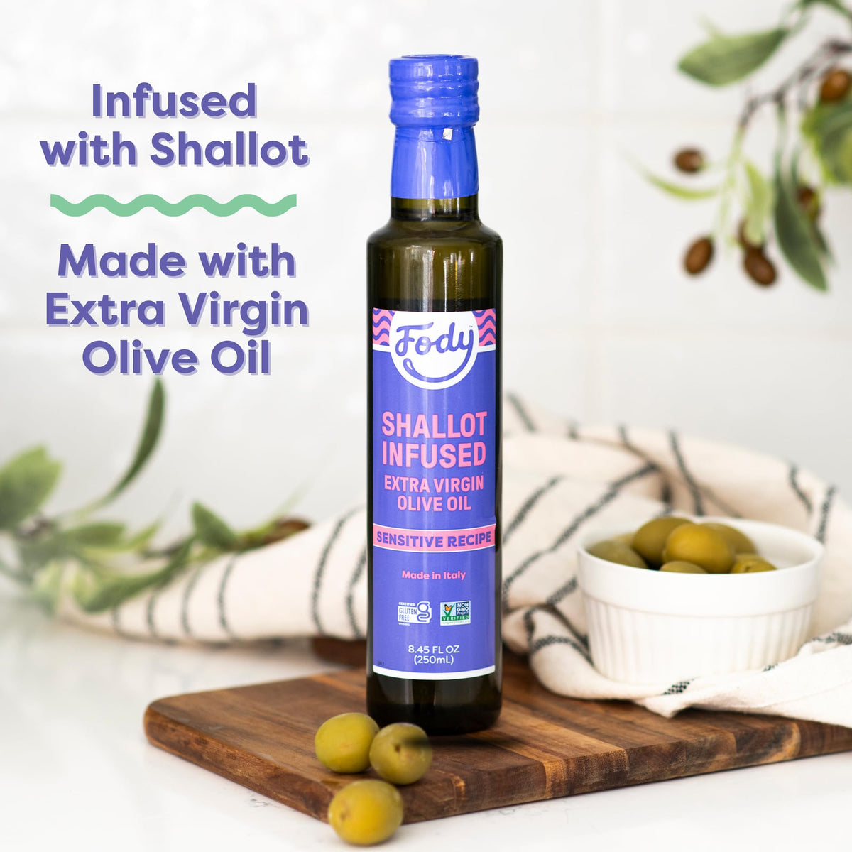 Fody Shallot Infused Olive Oil sauté action shown for quick, gut-friendly cooking.