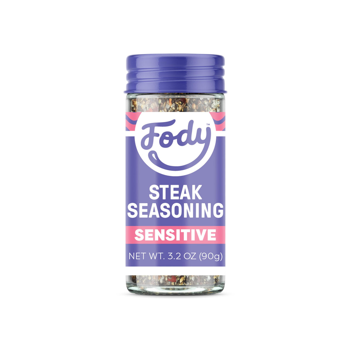 Fody Steak Seasoning bottle close-up showing garlic- and onion-free formula for IBS-friendly grilling
