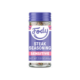 Fody Steak Seasoning bottle close-up showing garlic- and onion-free formula for IBS-friendly grilling
