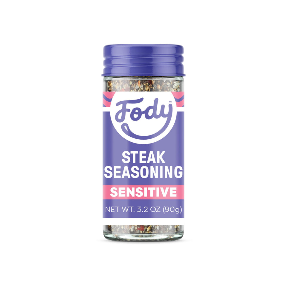 Fody Steak Seasoning bottle close-up showing garlic- and onion-free formula for IBS-friendly grilling