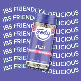 Fody Steak Seasoning label close-up highlights gluten-free and vegan certifications