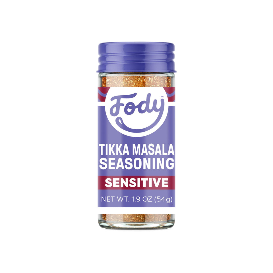 Fody Tikka Masala Seasoning bottle close-up for quick gut-friendly curries