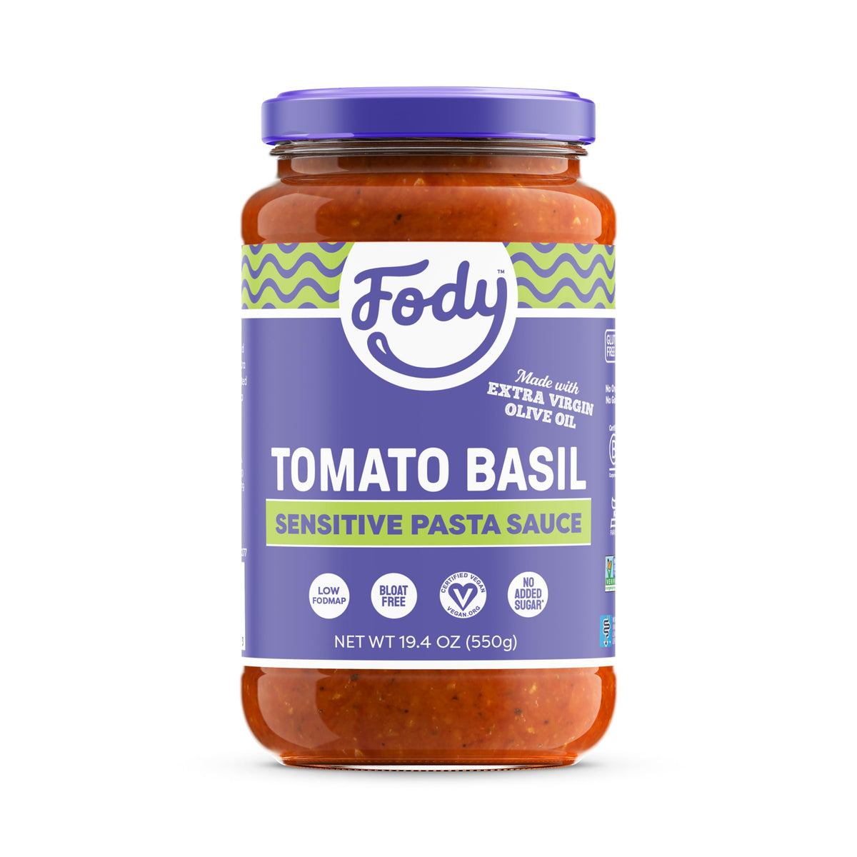 Fody Tomato Basil sauce bottle shows gluten-free and low FODMAP friendly features