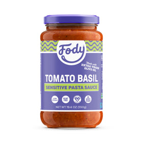 Fody Tomato Basil sauce bottle shows gluten-free and low FODMAP friendly features