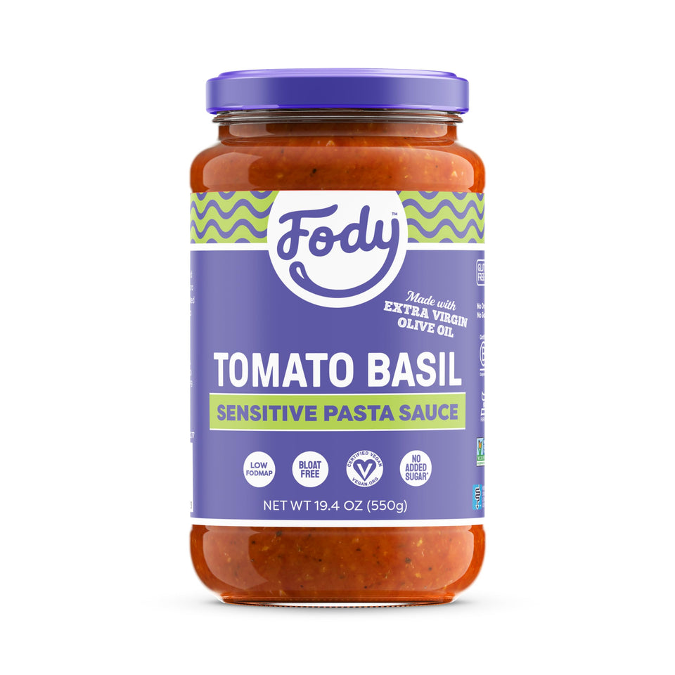 Fody Tomato Basil sauce bottle shows gluten-free and low FODMAP friendly features
