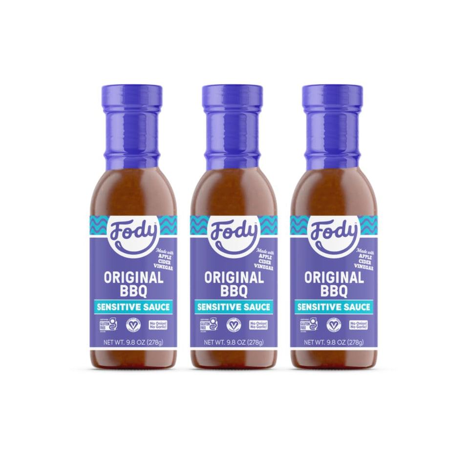 Fody Vegan BBQ Sauce bottle front — low FODMAP and gluten-free for IBS-friendly meals.