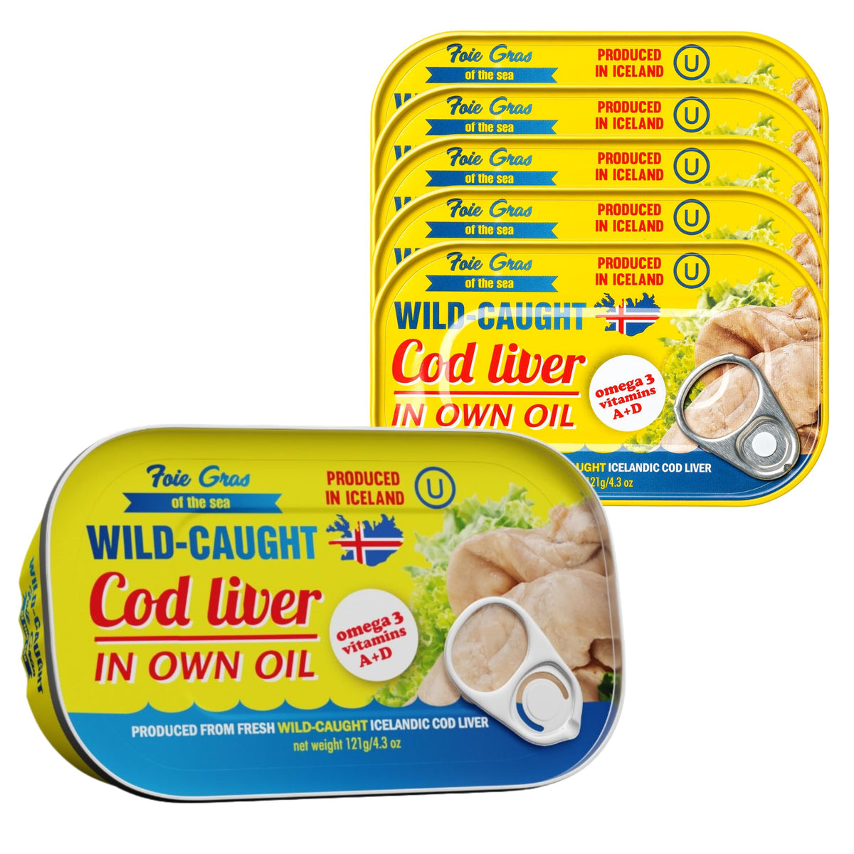 Foie Gras of the Sea Icelandic cod liver 6-pack on pantry shelf, omega-3 rich option for spreads