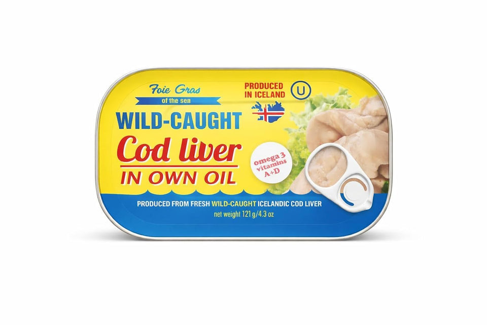 Foie Gras of the Sea cod liver can displayed, premium Nordic packaging signaling rich omega-3 source
