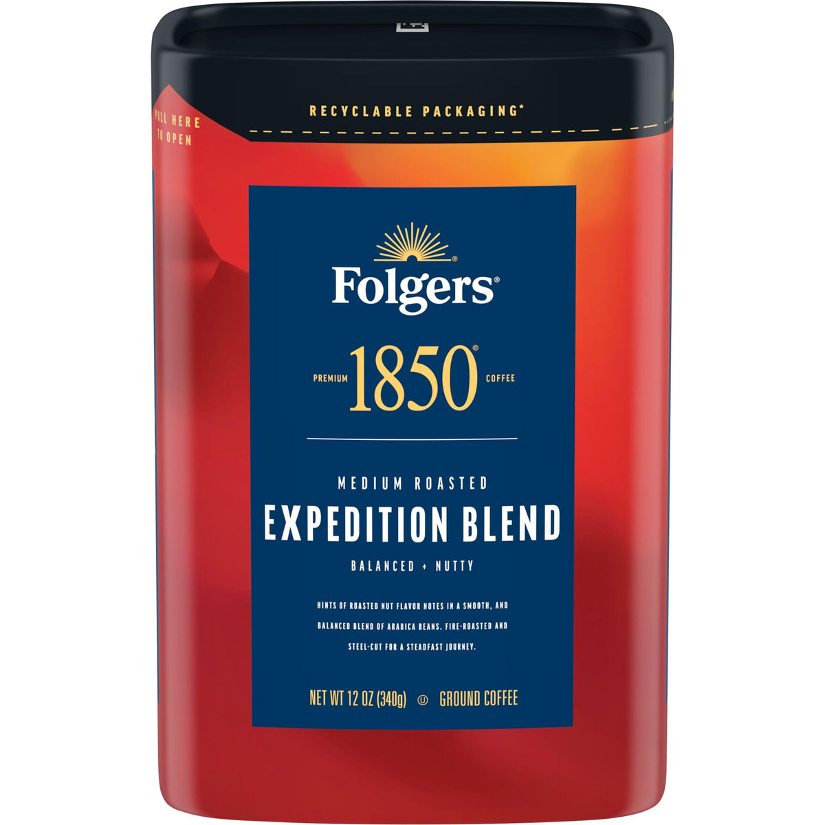Folgers 1850 Expedition Blend canister on kitchen shelf preserving freshness