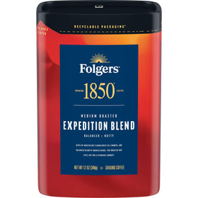 Folgers 1850 Expedition Blend canister on kitchen shelf preserving freshness