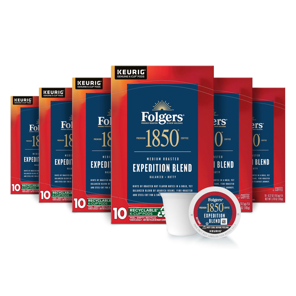 Folgers 1850 Expedition Blend K-Cup pods in front view, convenient mornings.
