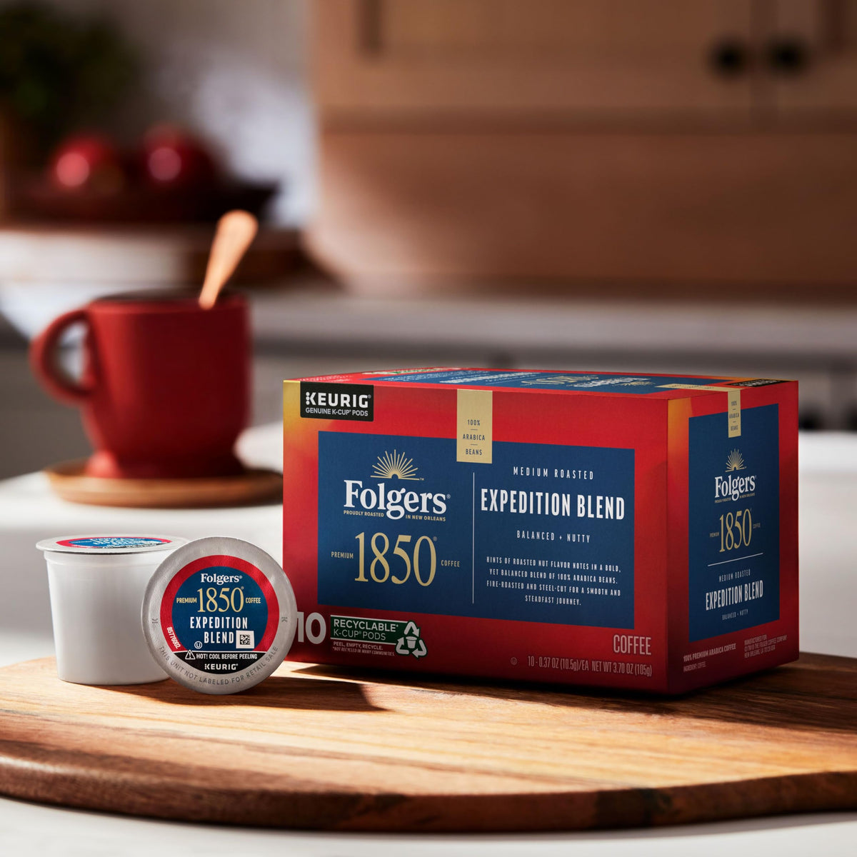 Folgers 1850 Expedition Blend mug with steam signals a comforting moment.