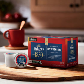 Folgers 1850 Expedition Blend mug with steam signals a comforting moment.