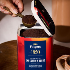 Folgers 1850 Expedition Blend ground coffee suitable for versatile brewing