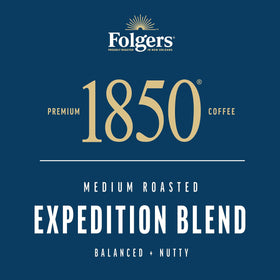 Folgers 1850 Expedition Blend packaging on wood, ready for gifting.