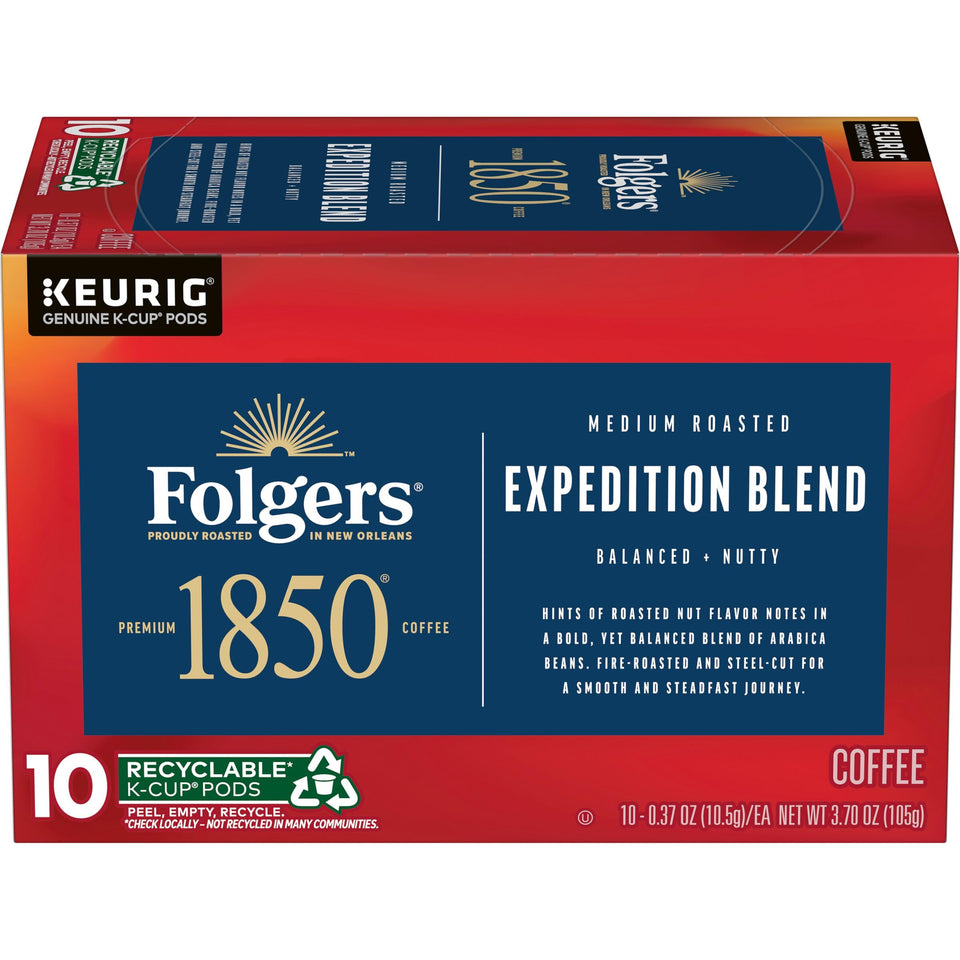 Folgers 1850 Pioneer Blend packaging with convenient K-Cup pods for quick mornings.