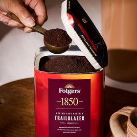 Folgers 1850 Trailblazer airtight canister seal preserves freshness.