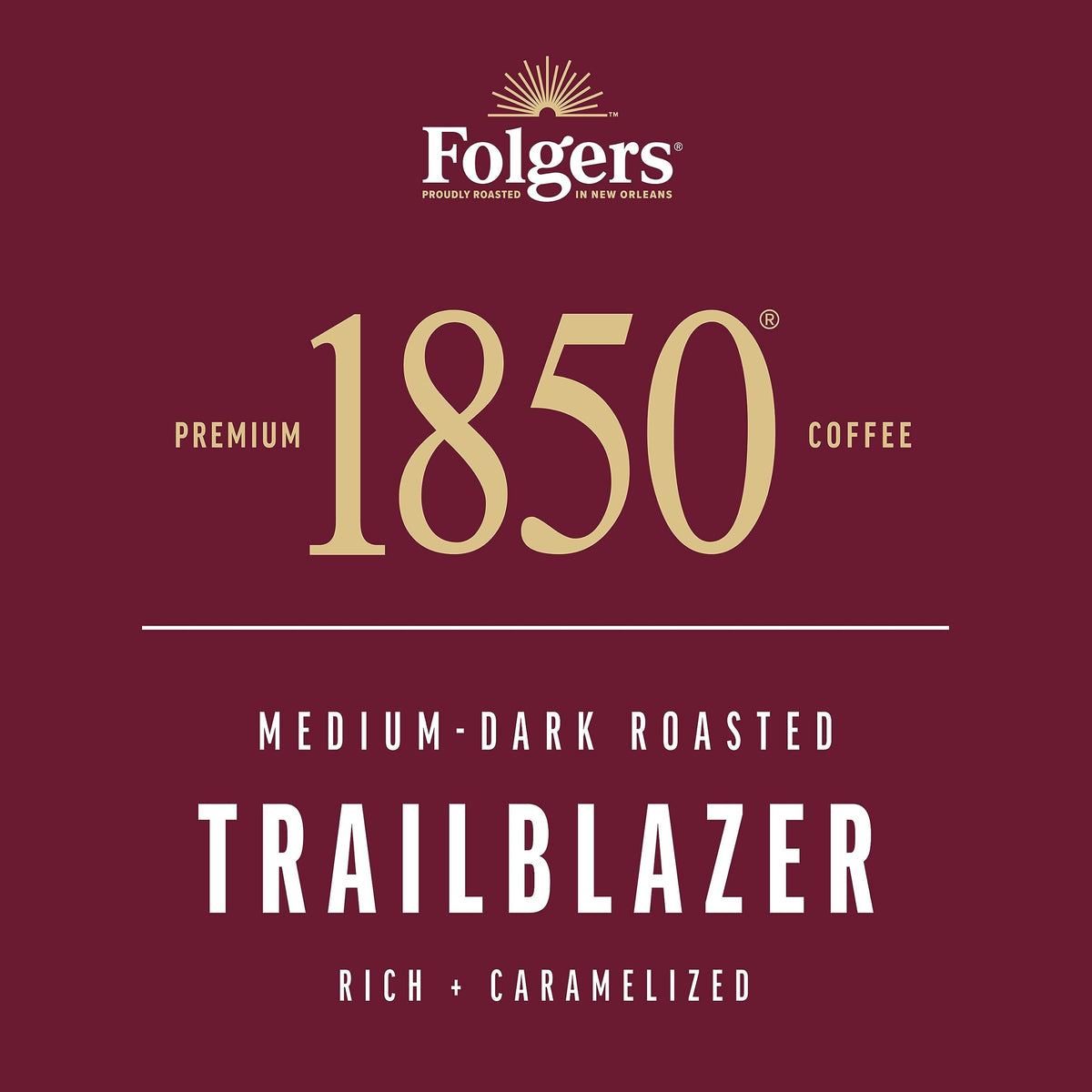 Folgers 1850 Trailblazer packaging label signals premium fire-roasted flavor.