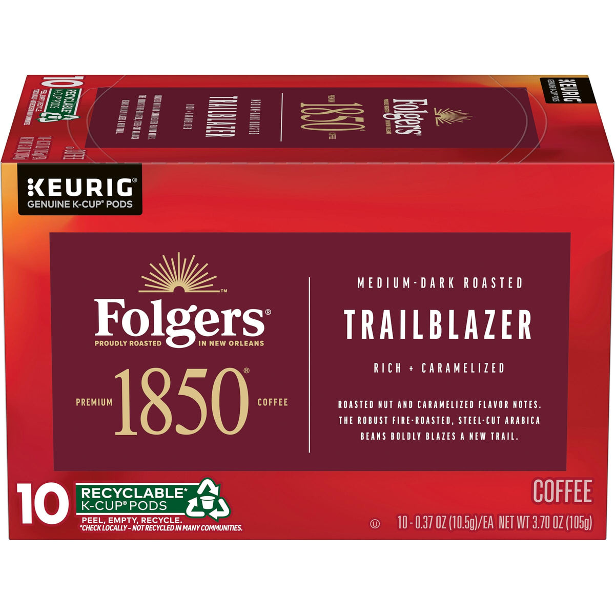 Folgers 1850 Trailblazer pod box for quick, flavorful mornings.