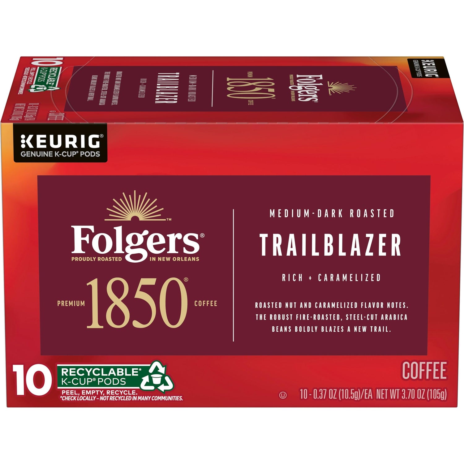 Folgers 1850 Trailblazer pod box for quick, flavorful mornings.